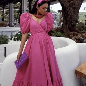 Zara Woman Dark Fuchsia Pink Puff Sleeve Poplin Midi Dress. Size L